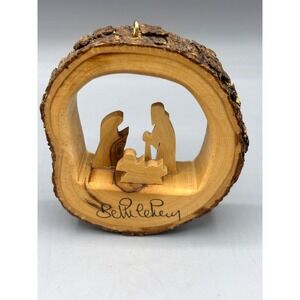 Vtg Bethlehem Nativity‎ Ornament Olive Wood Bark Slice  Christmas Decoration